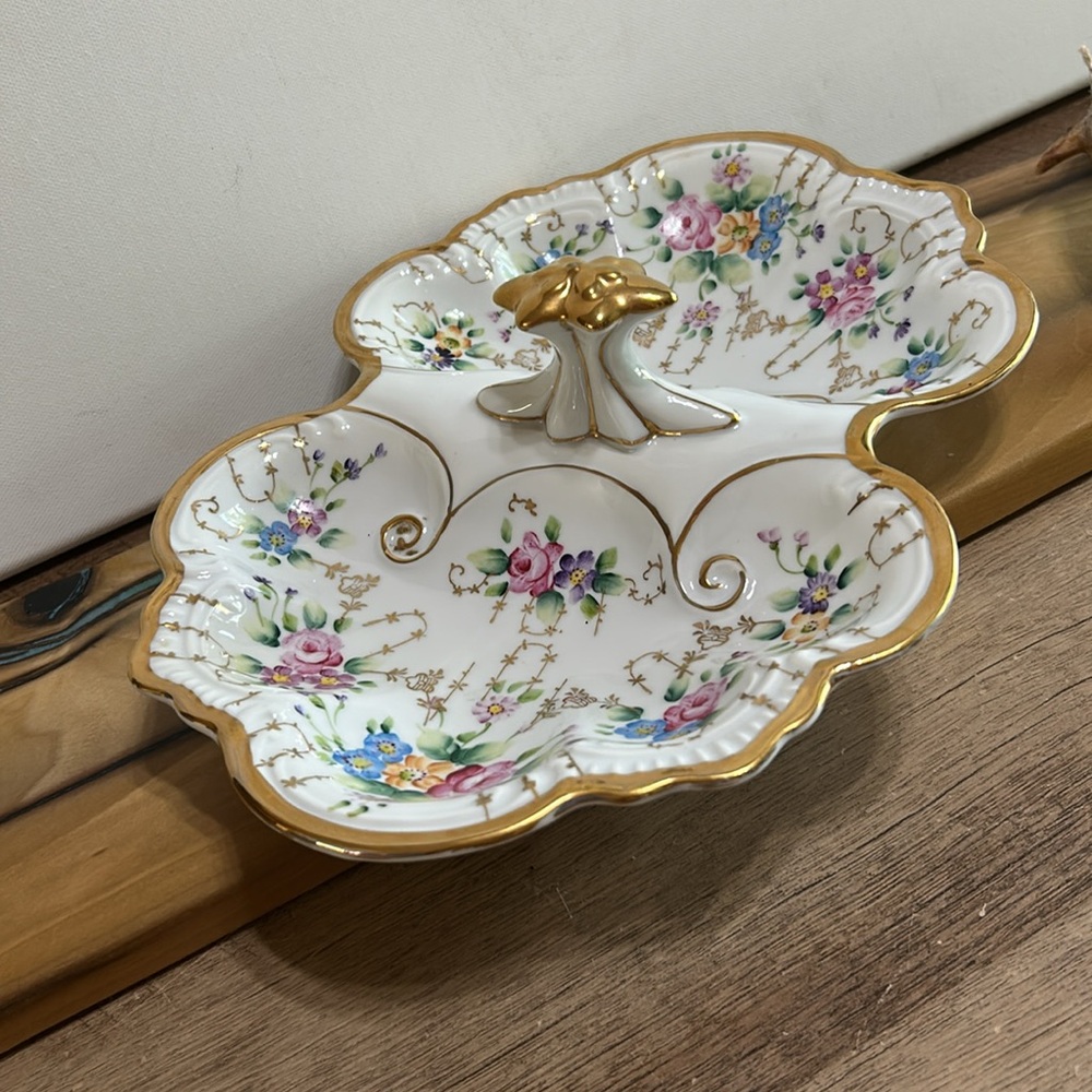 Vintage HandpaintedDivided Floral Porcelain Candy Dish Gold Accents w/Handle